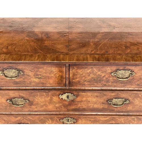 198 - CHEST, early 18th century Queen Anne figured walnut and crossbanded with quarter veneered top above ... 