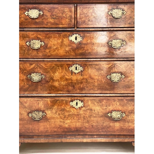 198 - CHEST, early 18th century Queen Anne figured walnut and crossbanded with quarter veneered top above ... 