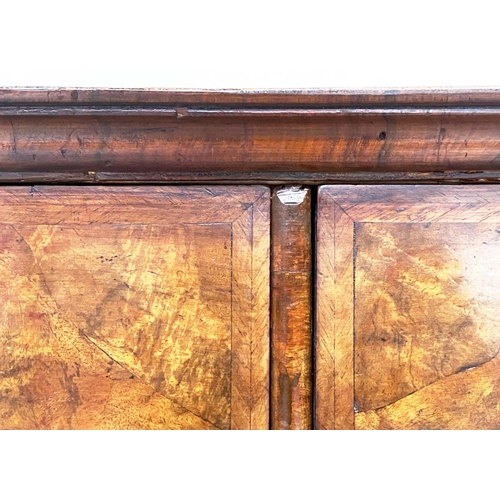 198 - CHEST, early 18th century Queen Anne figured walnut and crossbanded with quarter veneered top above ... 