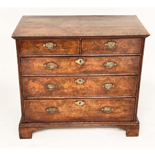 198 - CHEST, early 18th century Queen Anne figured walnut and crossbanded with quarter veneered top above ... 