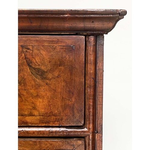 198 - CHEST, early 18th century Queen Anne figured walnut and crossbanded with quarter veneered top above ... 