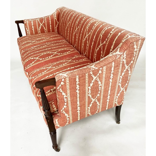 202 - SOFA, George III mahogany with terracotta cream trellis and stripe cotton upholstery and fluted supp... 