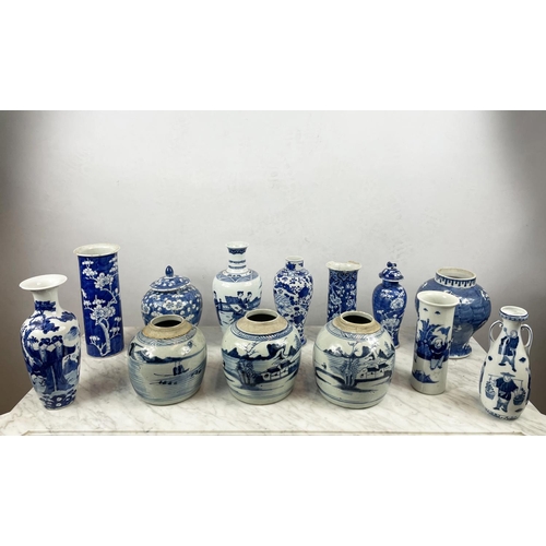 13 - QUANTITY OF CHINESE  BLUE AND WHITE, thirteen in total including sleeve vases, decorated with prunus... 