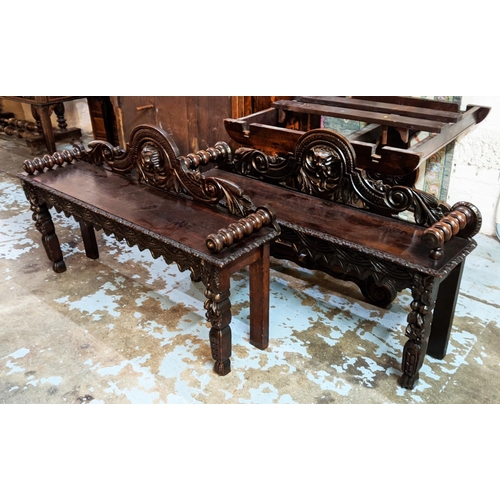 151 - HALL BENCHES, a near pair, each 123cm W x 29cm D x 77cm H, Victorian oak, with heavily carved detail... 