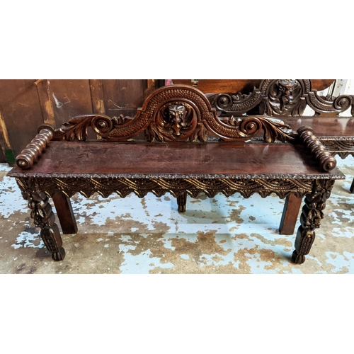 151 - HALL BENCHES, a near pair, each 123cm W x 29cm D x 77cm H, Victorian oak, with heavily carved detail... 