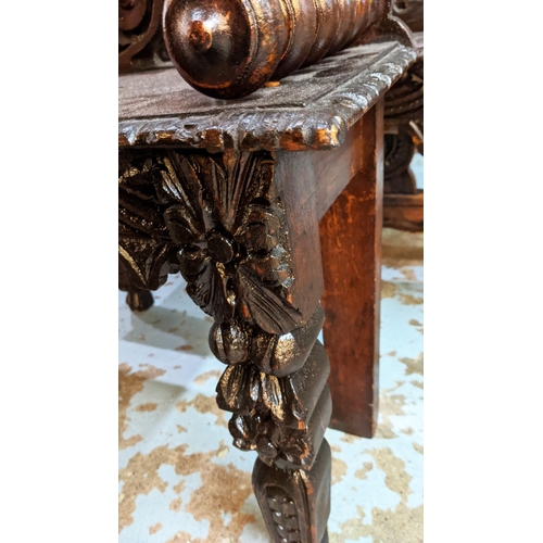 151 - HALL BENCHES, a near pair, each 123cm W x 29cm D x 77cm H, Victorian oak, with heavily carved detail... 