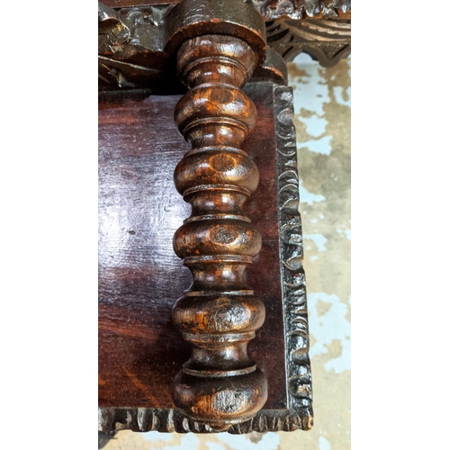 151 - HALL BENCHES, a near pair, each 123cm W x 29cm D x 77cm H, Victorian oak, with heavily carved detail... 