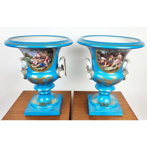 162 - URNS, a pair, Sevres style glazed ceramic, 47cm x 39cm diam. (2)