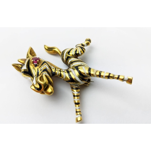 17 - AN 18CT GOLD FAWN BROOCH, enamelled body, set with a ruby eye, 20.66 grams.