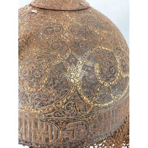 2 - KHULA KHUD INDO PERSIAN HELMET, 19th century with engraved scrolling flowers and gilt highlights wit... 