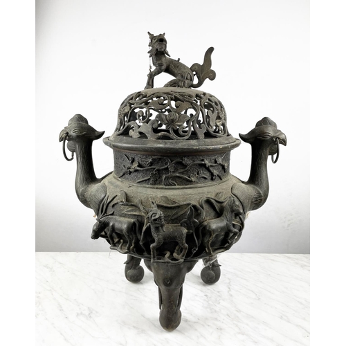 3 - LARGE BRONZE JAPANESE KORO INCENSE BURNER AND COVER, Meiji period, pierced cover on tripod legs, 63c... 