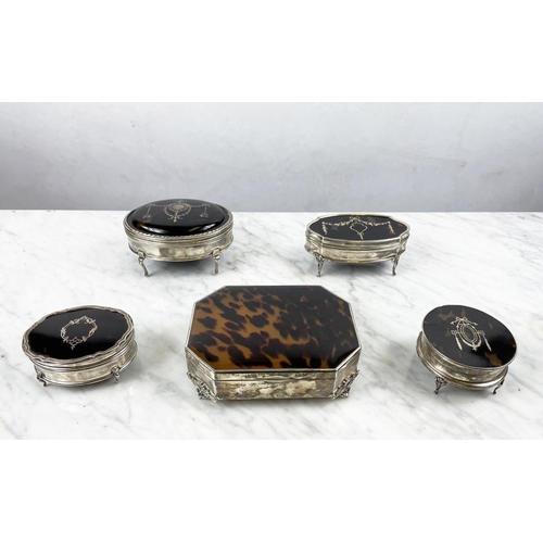 38 - EDWARDIAN DRESSING TABLE BOXES, five various, four silver, tortoiseshell and silver pique work all f... 