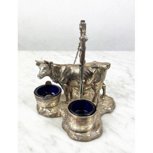 40 - CRUET STAND, Victorian silver plated, having a tethered dairy cow with three pails with glass liners... 