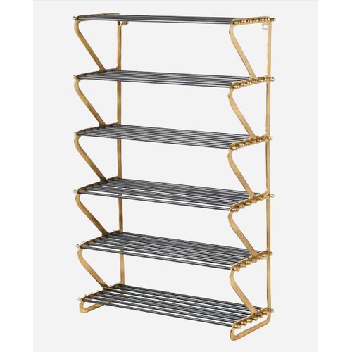 439 - SHOE RACK, 132cm high, 83cm wide, 35cm deep, six tier form, gilt metal supports, rodded shelves.