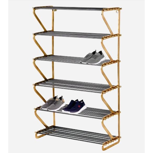 439 - SHOE RACK, 132cm high, 83cm wide, 35cm deep, six tier form, gilt metal supports, rodded shelves.