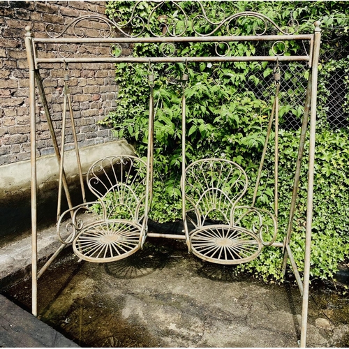 440 - ARCHITECTURAL GARDEN SWING SEAT, 228cm x 180cm x 90cm, Regency style, faux Verdigris effect frame.