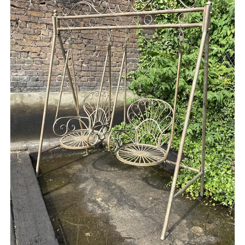 440 - ARCHITECTURAL GARDEN SWING SEAT, 228cm x 180cm x 90cm, Regency style, faux Verdigris effect frame.