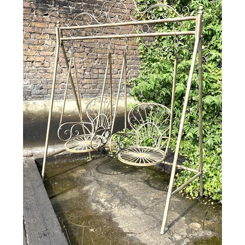 440 - ARCHITECTURAL GARDEN SWING SEAT, 228cm x 180cm x 90cm, Regency style, faux Verdigris effect frame.