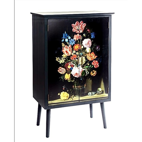 441 - SIDE CABINET, 125cm high, 80cm, wide, 40cm deep, black lacquered with floral still life decoration t... 