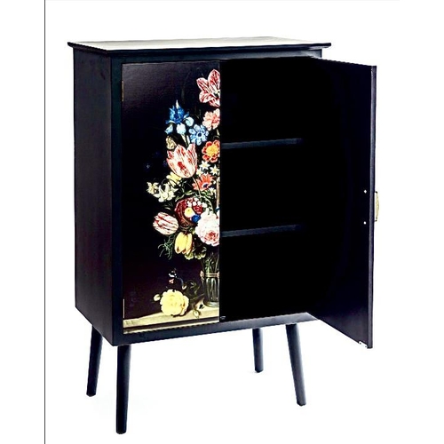 441 - SIDE CABINET, 125cm high, 80cm, wide, 40cm deep, black lacquered with floral still life decoration t... 