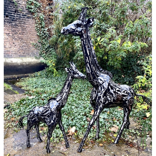 446 - SCULPTURAL GIRAFFE, two, painted metal, a larger giraffe measuring 152cm high x 120cm long x 25cm wi... 