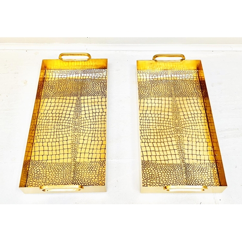 450 - COCKTAIL TRAYS, a pair, faux crocodile embossed gilt metal design, 8cm x 49cm x 23cm. (2)