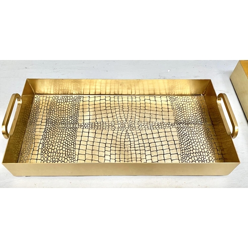 450 - COCKTAIL TRAYS, a pair, faux crocodile embossed gilt metal design, 8cm x 49cm x 23cm. (2)