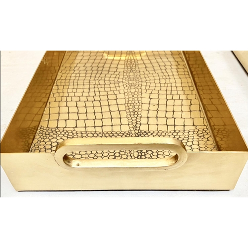 450 - COCKTAIL TRAYS, a pair, faux crocodile embossed gilt metal design, 8cm x 49cm x 23cm. (2)