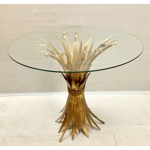 451 - MAISON JANSEN STYLE SIDE TABLE, 60cm high, 70cm diameter, wheat sheaf design, gilt metal, glass top.