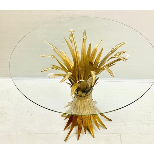 451 - MAISON JANSEN STYLE SIDE TABLE, 60cm high, 70cm diameter, wheat sheaf design, gilt metal, glass top.