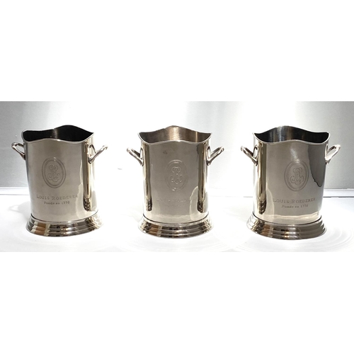 452 - CHAMPAGNE BUCKETS, set of three, 23cm H, polished metal, inscribed 