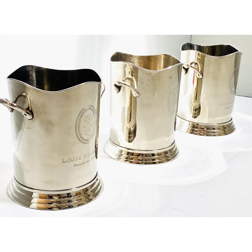 452 - CHAMPAGNE BUCKETS, set of three, 23cm H, polished metal, inscribed 