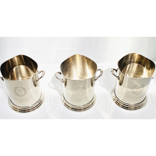 452 - CHAMPAGNE BUCKETS, set of three, 23cm H, polished metal, inscribed 