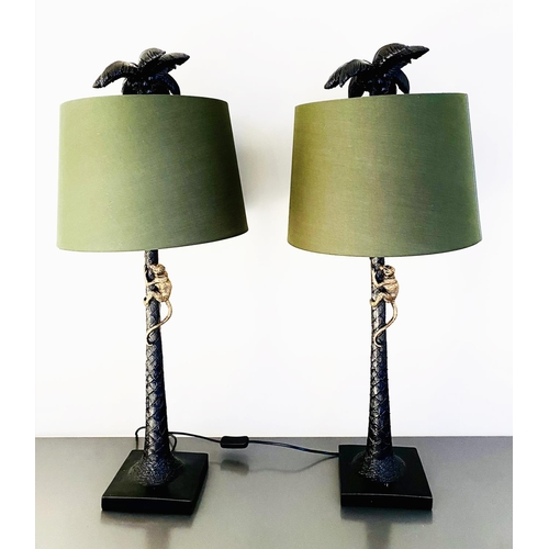 453 - TABLE LAMPS, a pair, 84cm H x 36cm diam., with shades, palm tree form bases with climbing monkey det... 