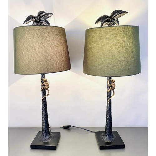 453 - TABLE LAMPS, a pair, 84cm H x 36cm diam., with shades, palm tree form bases with climbing monkey det... 