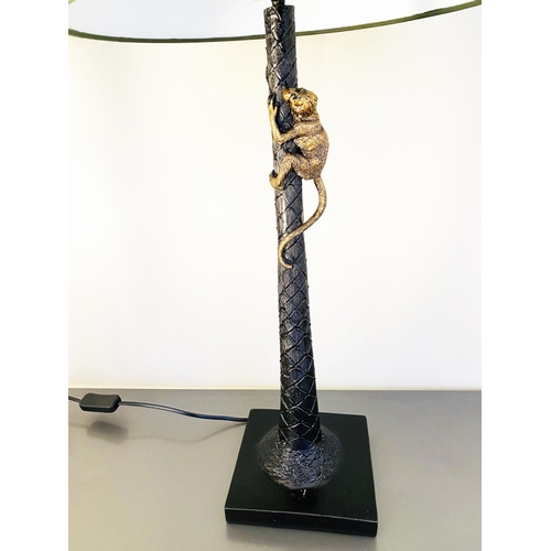 453 - TABLE LAMPS, a pair, 84cm H x 36cm diam., with shades, palm tree form bases with climbing monkey det... 