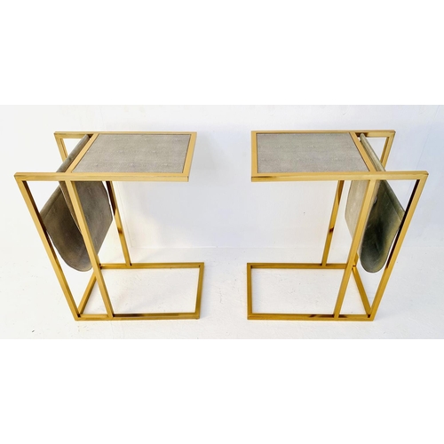 456 - SIDE TABLES, pair, each 61cm H x 30cm W x 49cm D, gilt metal, faux shagreen tops, reading racks to r... 