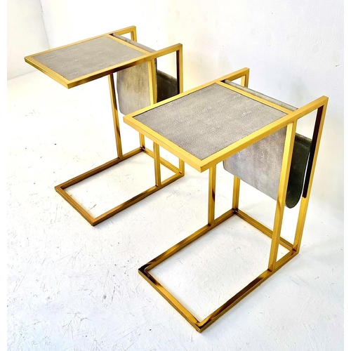 456 - SIDE TABLES, pair, each 61cm H x 30cm W x 49cm D, gilt metal, faux shagreen tops, reading racks to r... 