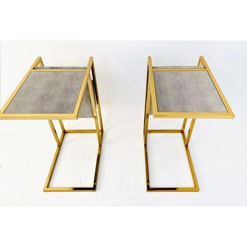 456 - SIDE TABLES, pair, each 61cm H x 30cm W x 49cm D, gilt metal, faux shagreen tops, reading racks to r... 