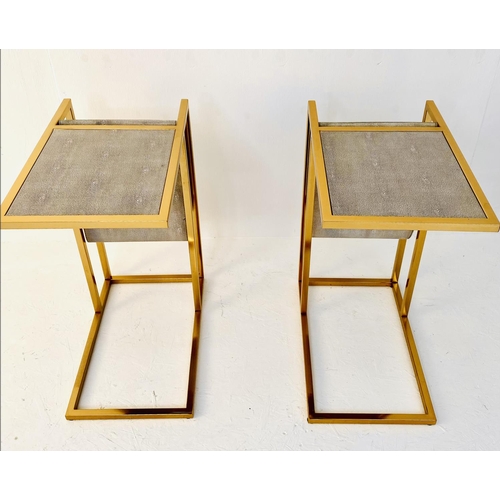 456 - SIDE TABLES, pair, each 61cm H x 30cm W x 49cm D, gilt metal, faux shagreen tops, reading racks to r... 