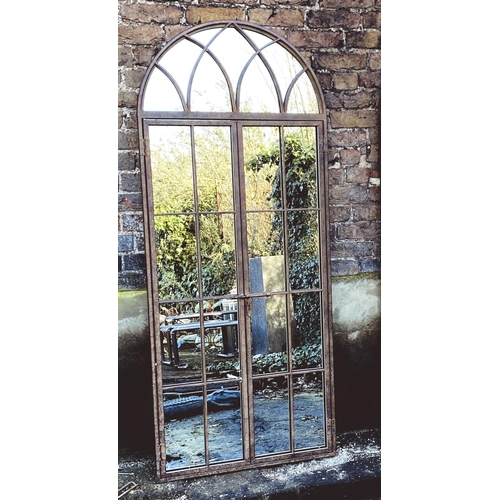 458 - ARCHITECTURAL GARDEN GATED MIRRORS, a pair, Georgian style, aged metal frames, 180cm high, 76cm wide... 