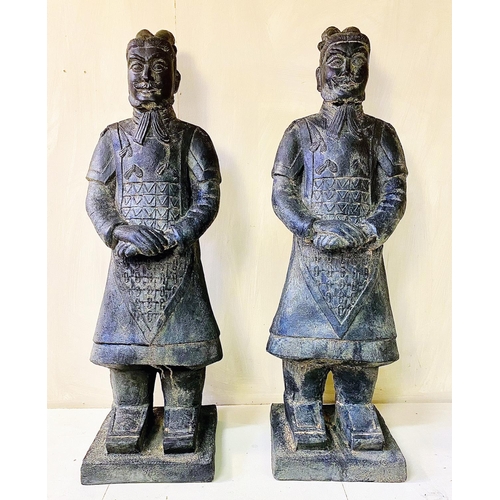 460 - CHINESE STYLE WARRIORS, a set of two, aged finish, each 120cm high, 34cm wide. (2)