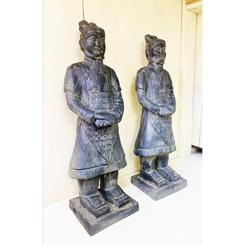 460 - CHINESE STYLE WARRIORS, a set of two, aged finish, each 120cm high, 34cm wide. (2)