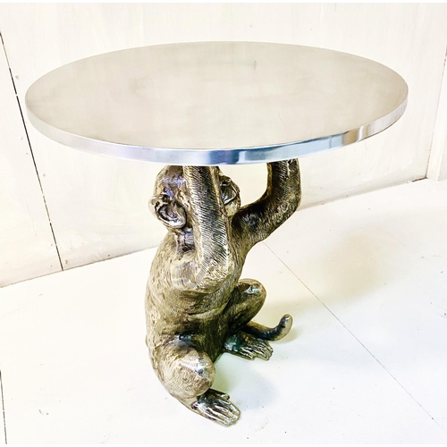 461 - Monkey figural side table, 50cm high, 44cm diameter, circular top, silvered finish.