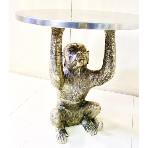 461 - Monkey figural side table, 50cm high, 44cm diameter, circular top, silvered finish.