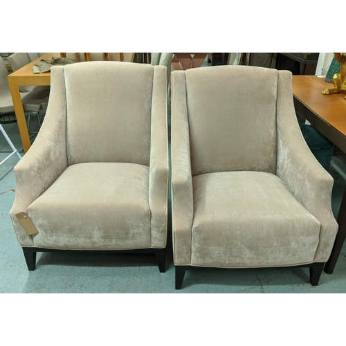 467 - ARMCHAIRS, a pair, velvet upholstered, with differing neutral fabric backs, 80cm W each. (2)