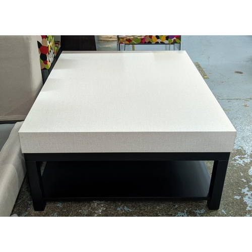 468 - LOW TABLE, 43cm high, 111cm long, 86cm wide, contemporary neutral fabric upholstered top, ebonised b... 