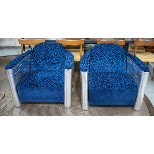 499 - AVIATOR STYLE ARMCHAIRS, 72cm H x 87cm W, aluminium with blue and black chenille upholstery. (2)