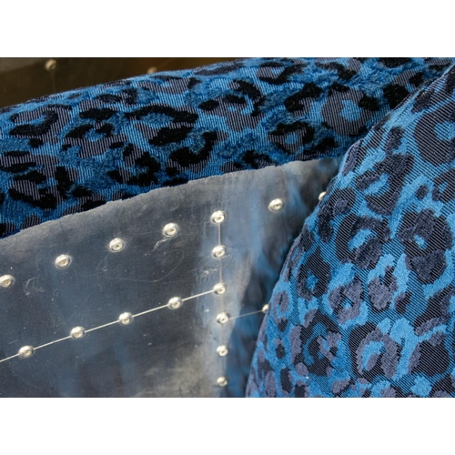 499 - AVIATOR STYLE ARMCHAIRS, 72cm H x 87cm W, aluminium with blue and black chenille upholstery. (2)