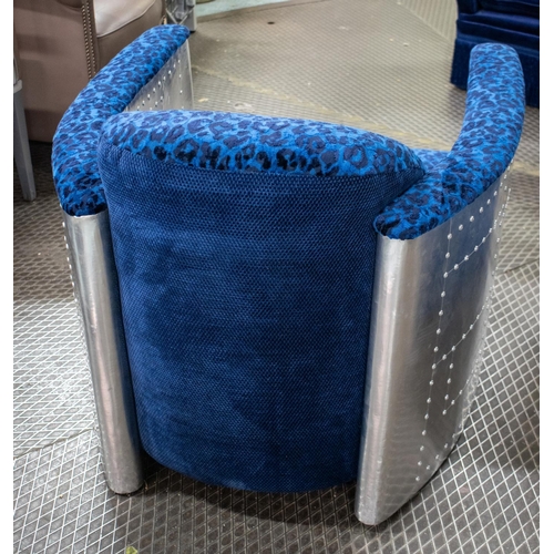 499 - AVIATOR STYLE ARMCHAIRS, 72cm H x 87cm W, aluminium with blue and black chenille upholstery. (2)